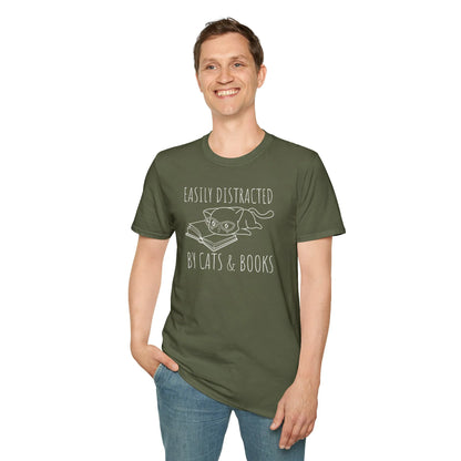 Unisex olive tee featuring a playful cat on a book with text 'Easily Distracted by Cats & Books', perfect for book lovers.