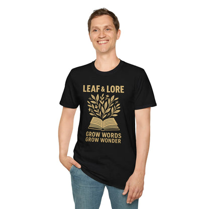 Leaf & Lore t-shirt featuring leaves sprouting from a book, perfect for cozy book lovers and great gift for cat or coffee fans.