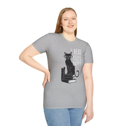 Funny reading tee featuring a cat atop books with the text: 'I read because it makes me happy.' Perfect for cozy book lovers.