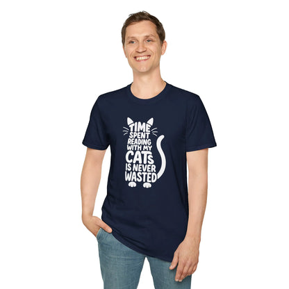 Smiling man in a cozy reading t-shirt, showcasing the Never Wasted with Cats T-Shirt, perfect for cat lovers and bookish moments.