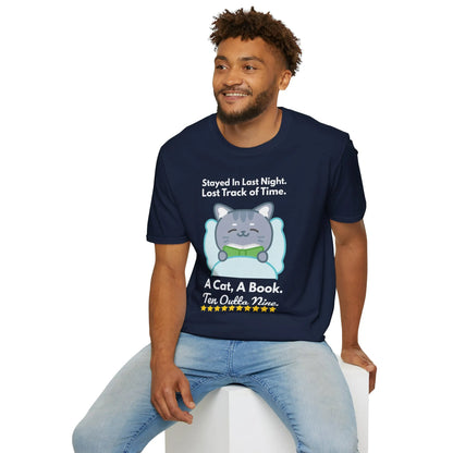 Men's navy t-shirt with playful cat illustration and text 'Stayed in Last Night. Lost Track of Time. A Cat, A Book. Ten Outta Nine.'