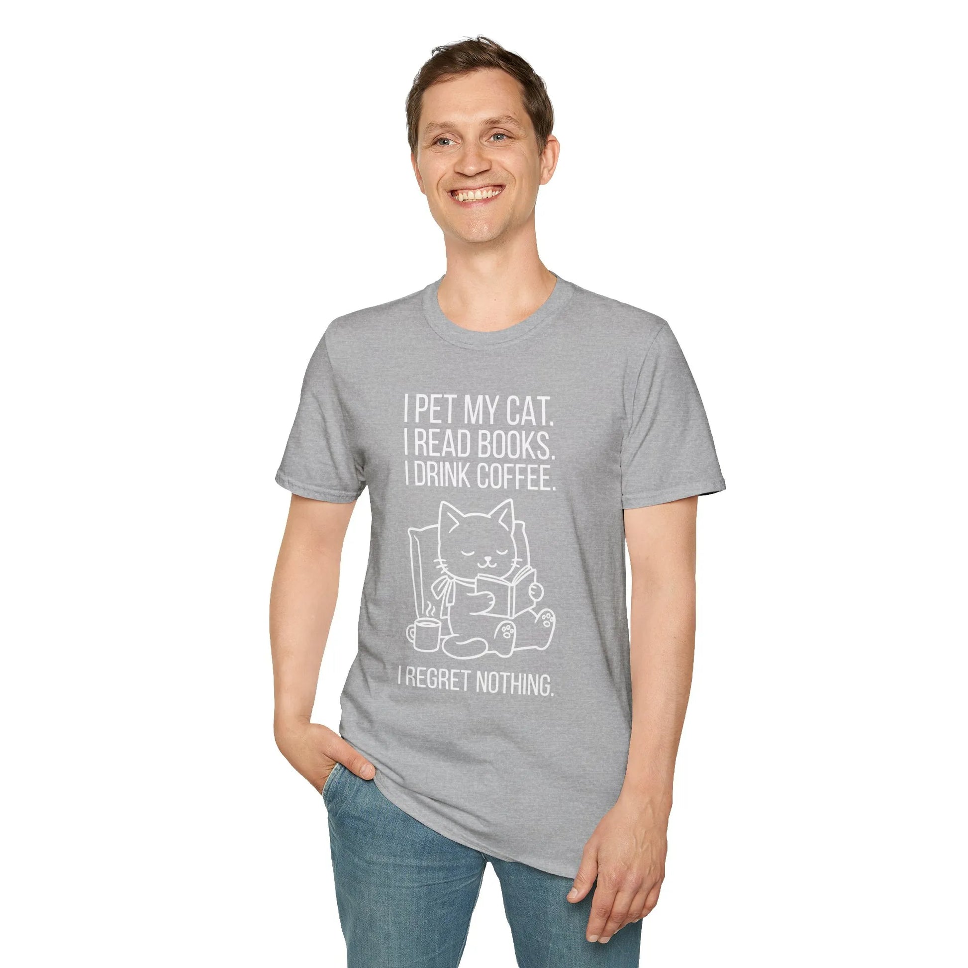 Funny book lover t-shirt featuring a cat, coffee, and reading, perfect gift for cozy introverts.