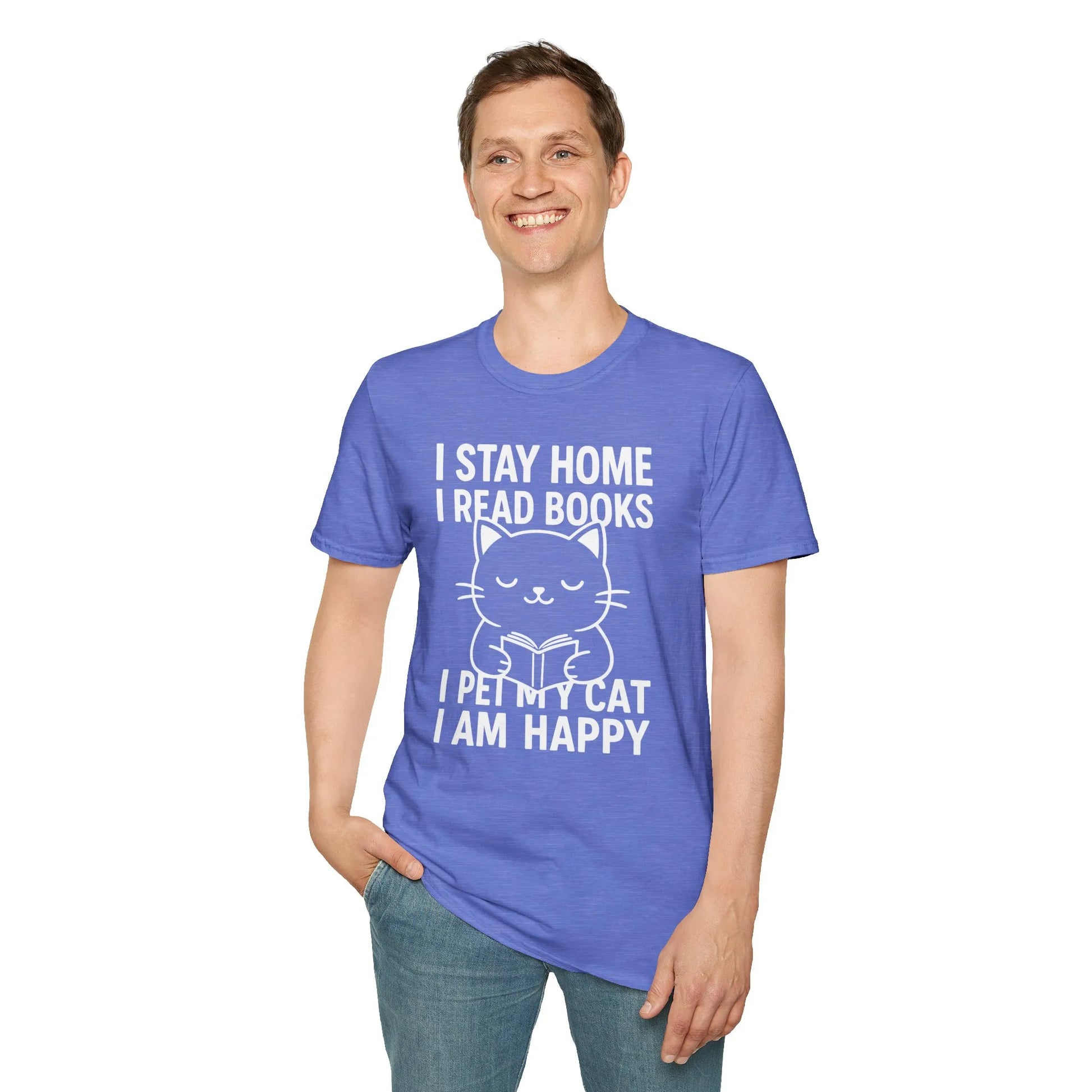 A happy man wearing a blue t-shirt featuring a cat reading a book with the text: 'I STAY HOME I READ BOOKS I PET MY CAT I AM HAPPY', ideal for book lovers.
