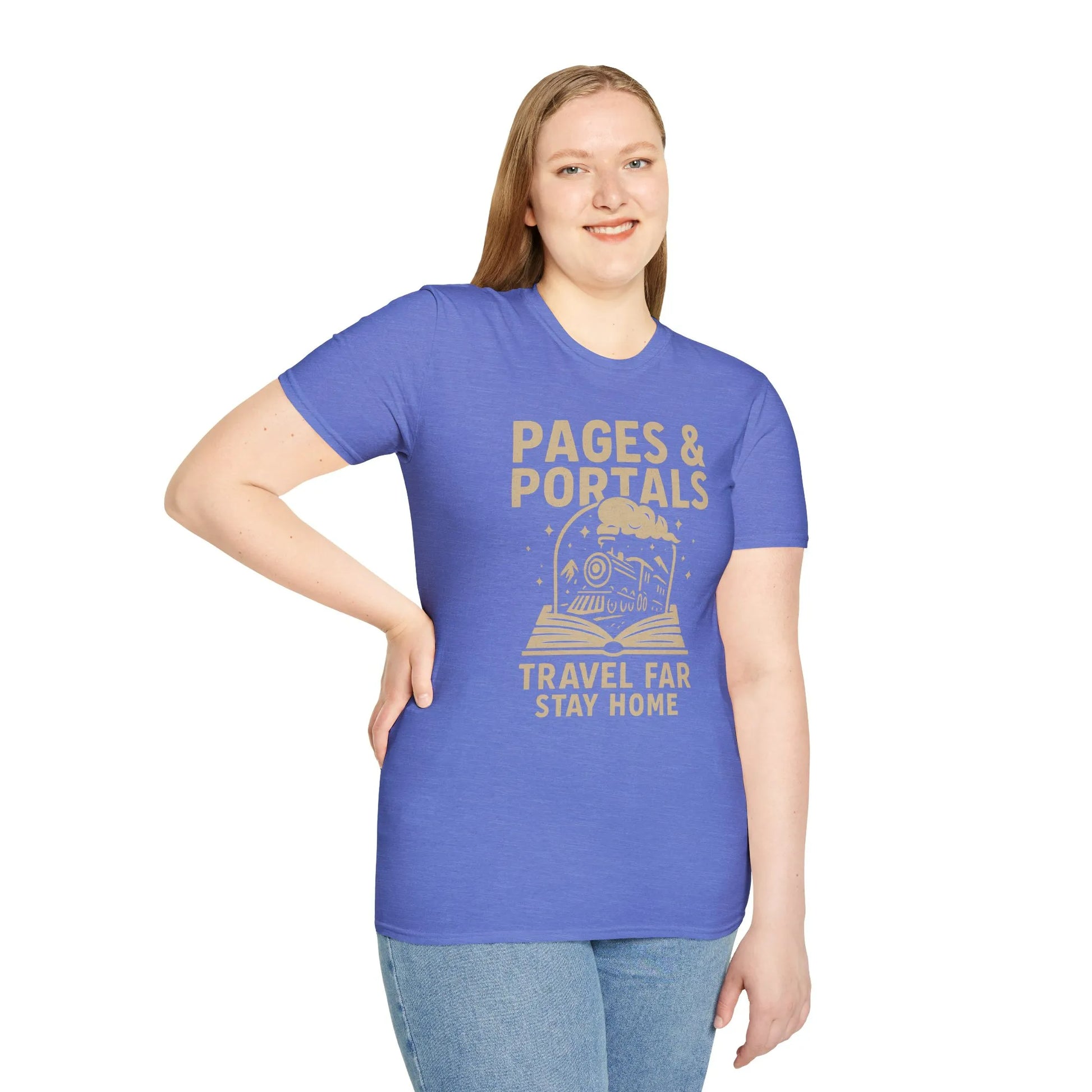 Whimsical Pages & Portals tee with a train and book illustration, perfect gift for book lovers, cozy book shirt, unisex fit.
