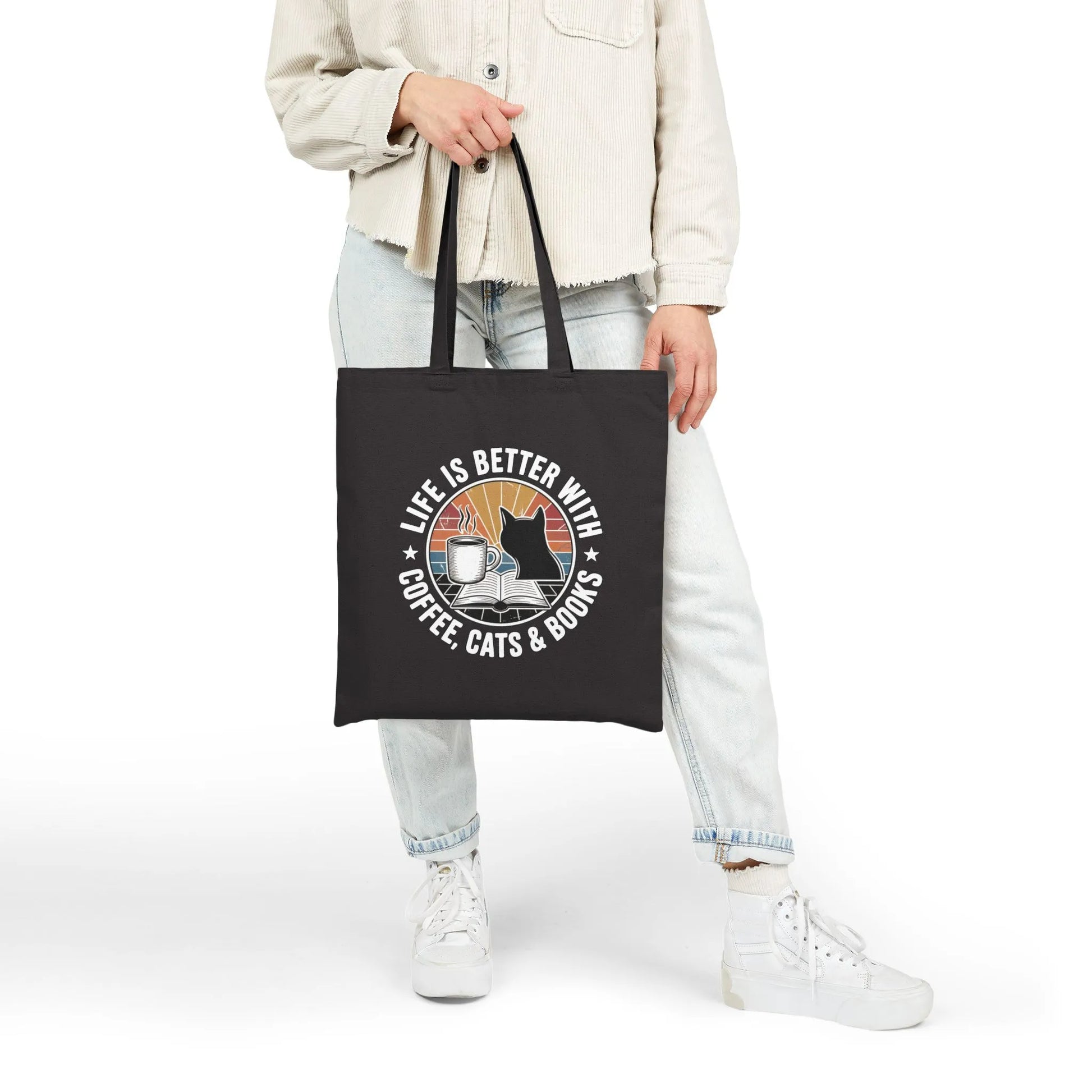Sunset Reads & Whiskers Tote Bag with cat, coffee, and books illustration; perfect gift for book lovers and cat enthusiasts.