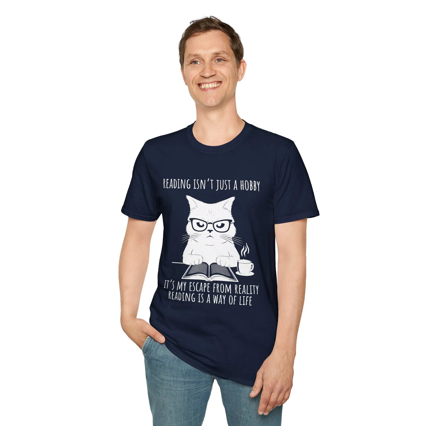 Funny reading t-shirt featuring a grumpy cat in glasses with text about reading as a lifestyle, perfect gift for book lovers.