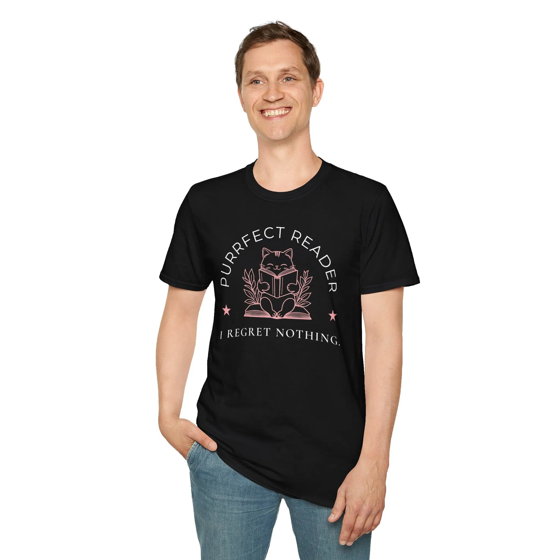 Purrfect Reader 2 T-Shirt featuring a kitty with a book and the phrase 'I Regret Nothing', perfect for cat and book lovers.