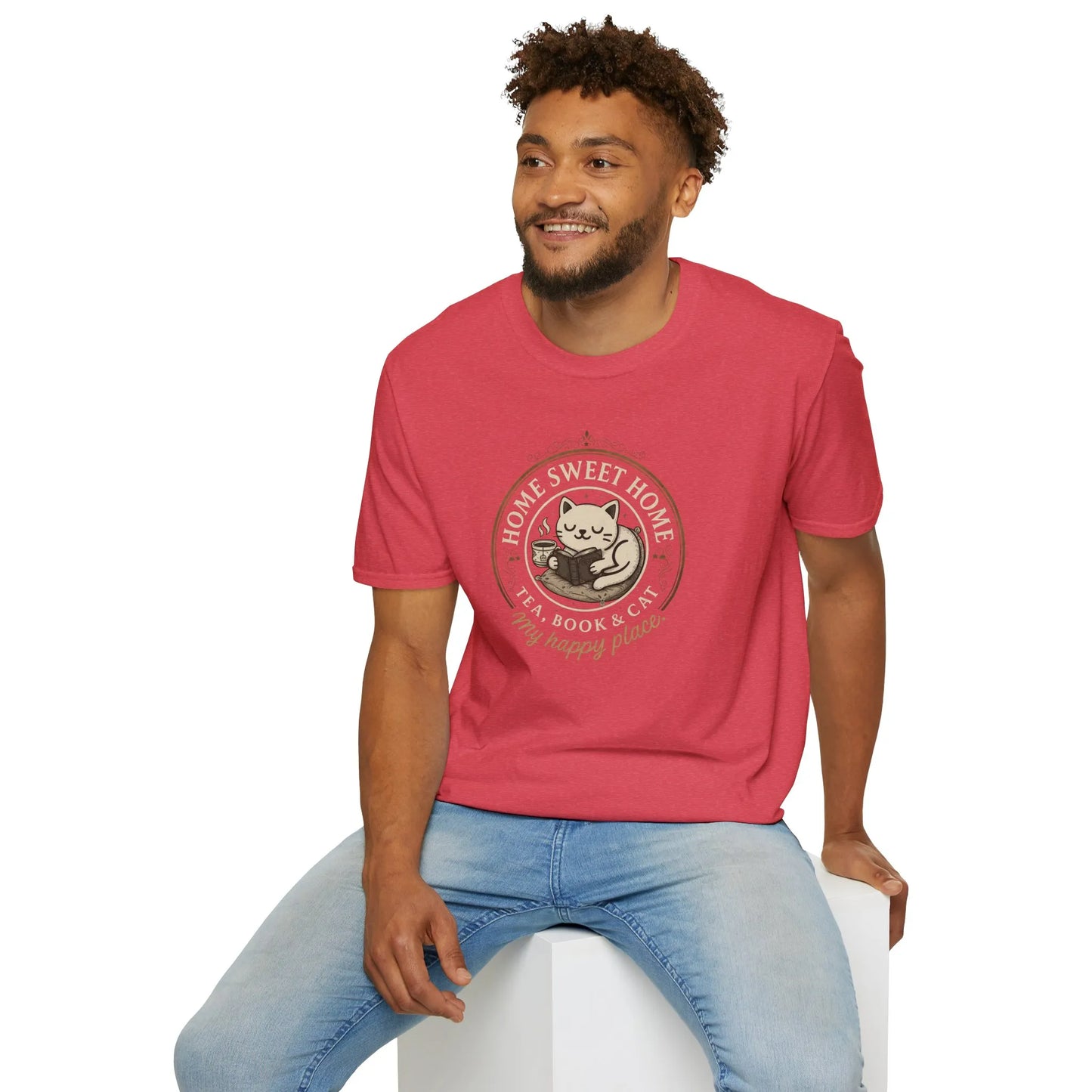 Happy Place Reader T-Shirt featuring a cozy cat with the text 'Home Sweet Home' – perfect for book lovers' comfort!