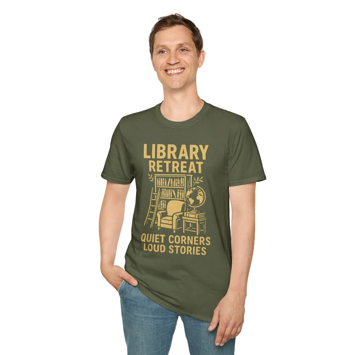 Cozy Library Retreat T-Shirt featuring a reading nook design that says 'Quiet Corners Loud Stories'—perfect gift for book lovers!