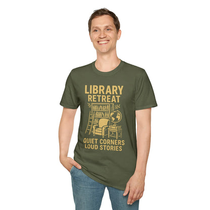Cozy Library Retreat T-Shirt featuring a reading nook design that says 'Quiet Corners Loud Stories'—perfect gift for book lovers!