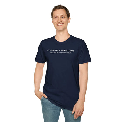 Book Sanctuary T-Shirt in navy, relaxed fit unisex tee for book lovers, perfect cozy outfit for introverts 📖.