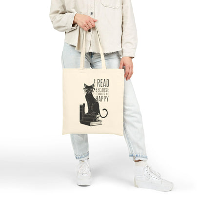 Happy Reading Kitty Tote Bag with a cute cat and books illustration, perfect for book lovers and cat enthusiasts.