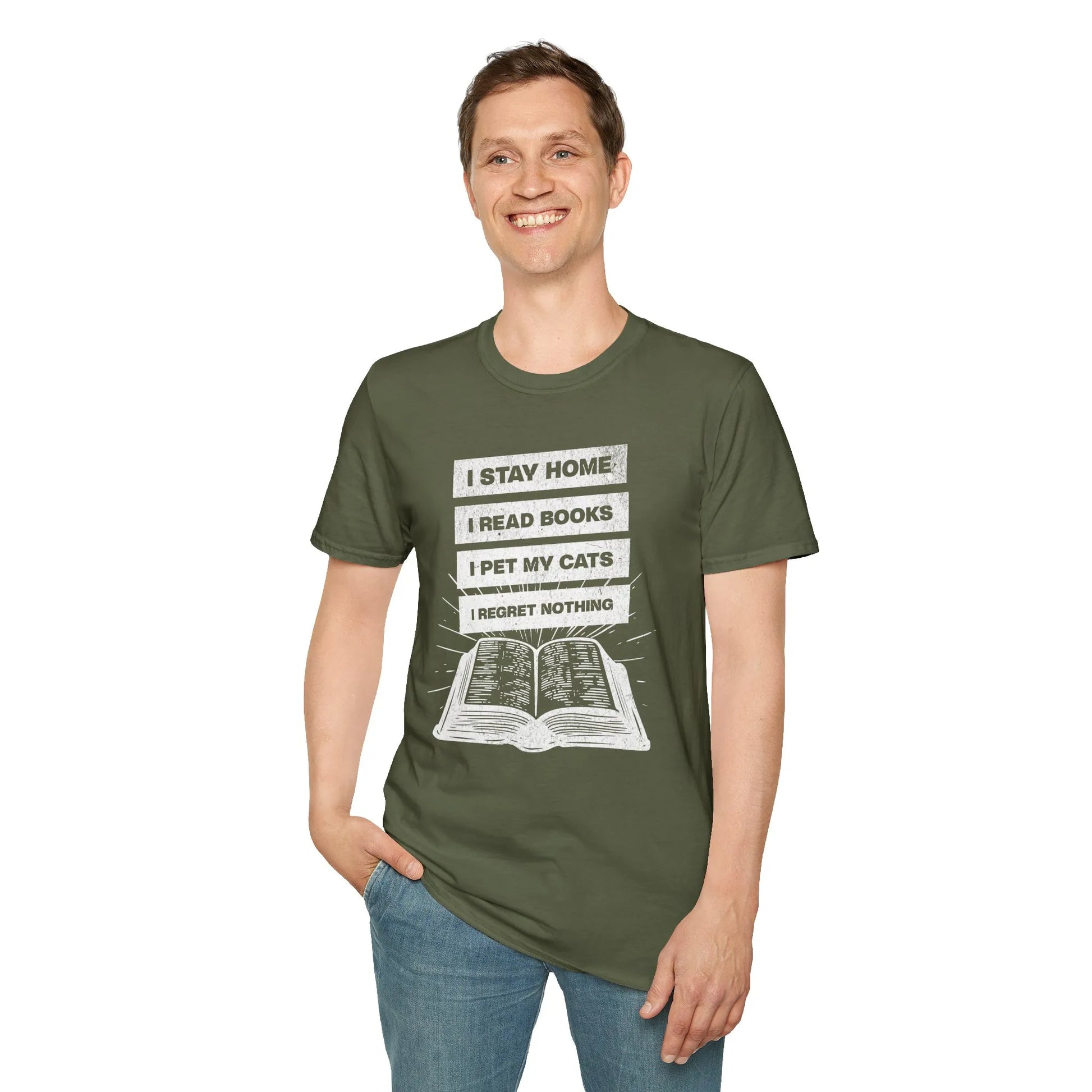 Stay Home Reader T-Shirt featuring a fun quote about reading and cats, perfect for book lovers and cozy days.