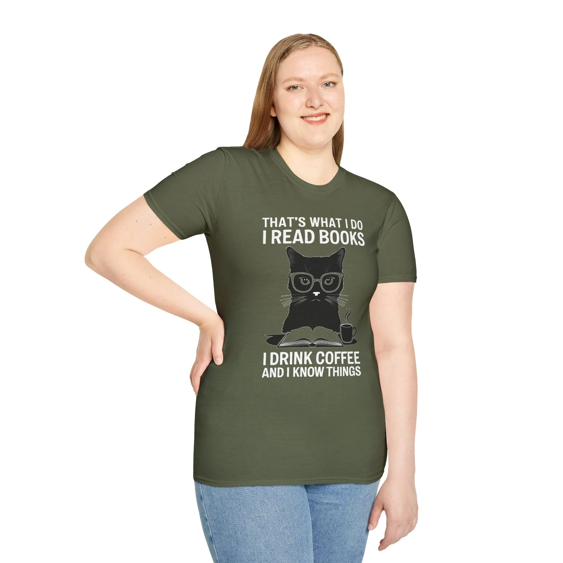 Funny book lover shirt featuring a wise cat in glasses saying 'I drink coffee and I know things.' Perfect gift for readers!