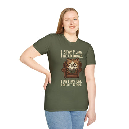 Alt Tag: Armchair Cat Reader T-Shirt featuring a cozy cat in glasses with the text: 'I Stay Home, I Read Books, I Pet My Cat, I Regret Nothing'
