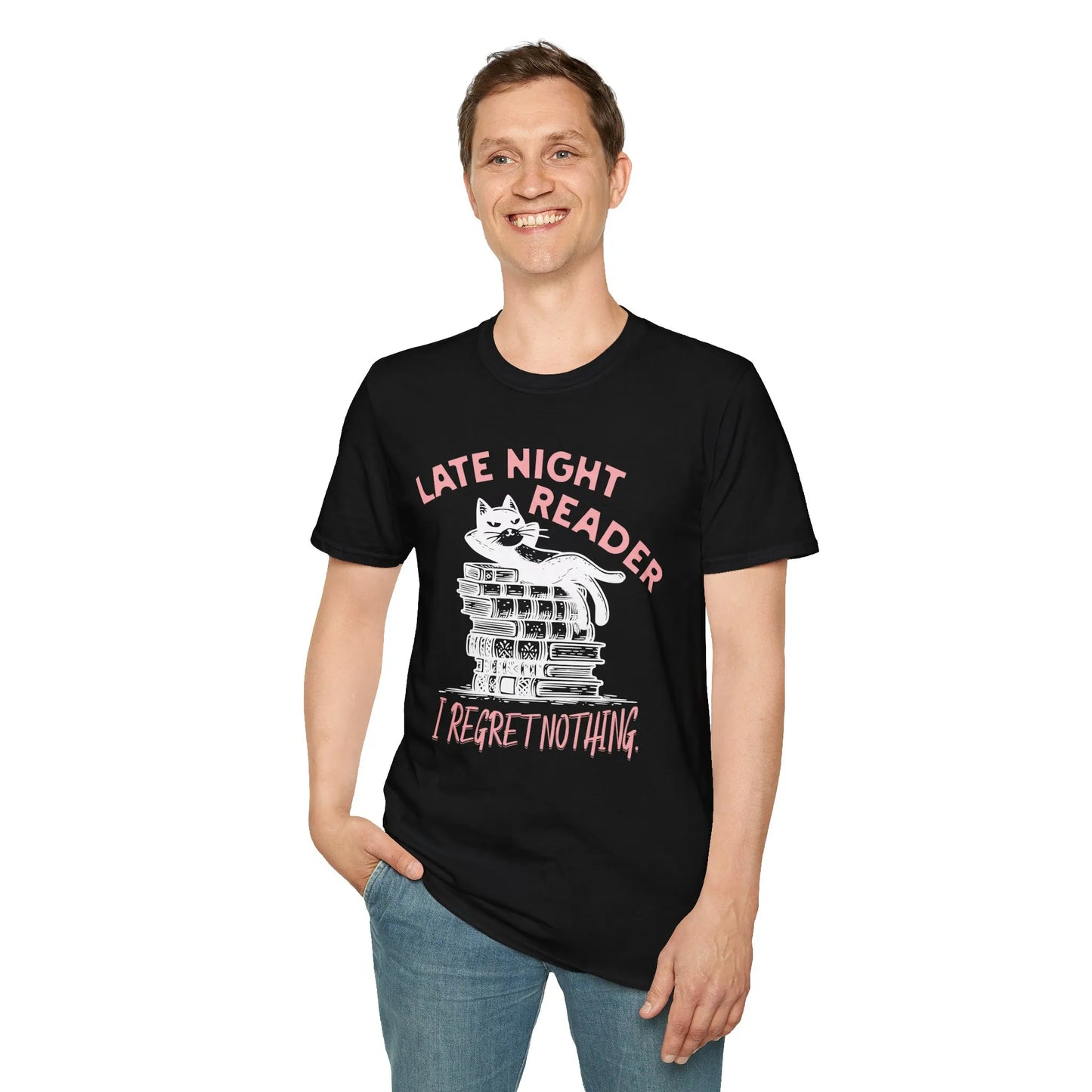 Late Night Reader T-Shirt featuring a lounging cat on books and the phrase 'I Regret Nothing', perfect for book lovers.