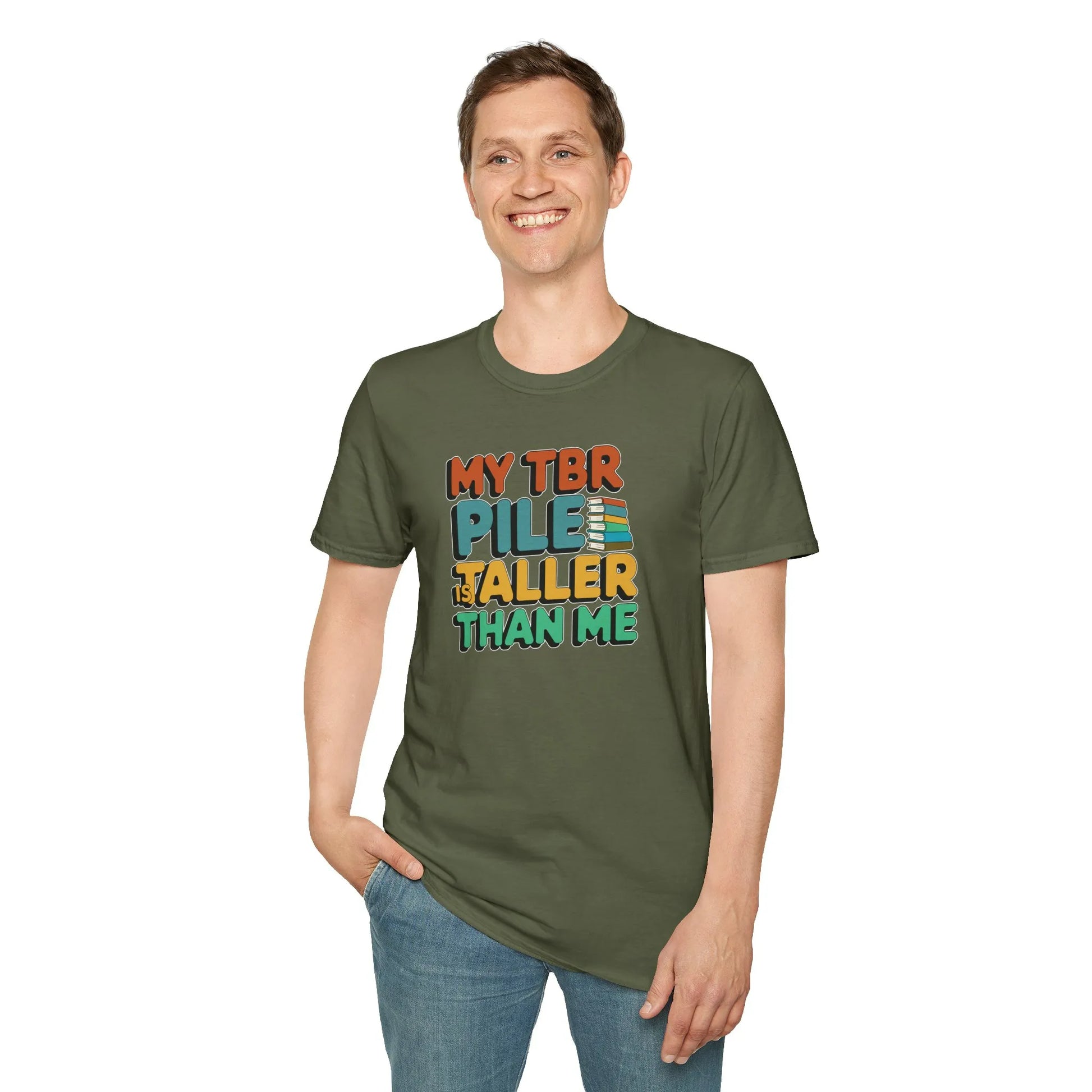 TBR Pile T-Shirt in relaxed fit, perfect for readers. Bold colors, bookish design, made from organic cotton. 📖 Gift for bibliophiles!