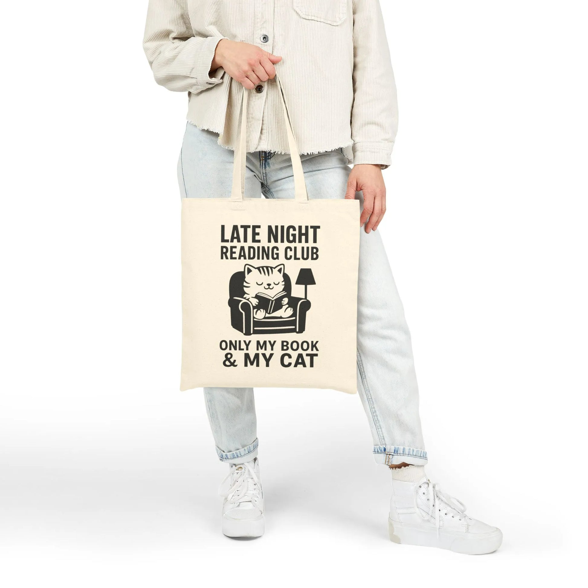 Late Night Reading Club Tote Bag featuring a cute cat in an armchair, saying 'Only my book & my cat'—a cozy gift for book lovers!