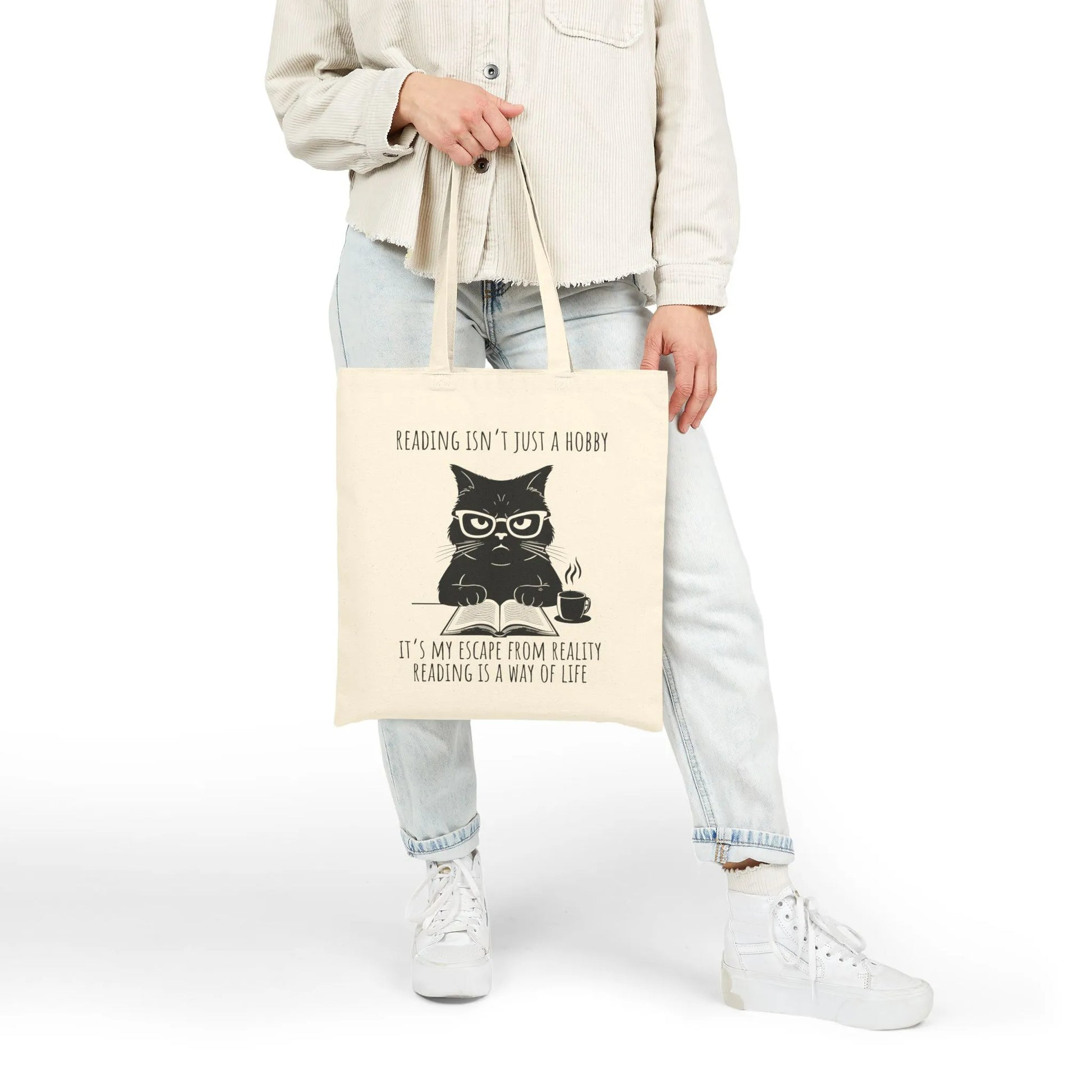 Reading Way of Life Tote Bag featuring a cute cat design; perfect as a funny book tote bag for book lovers.