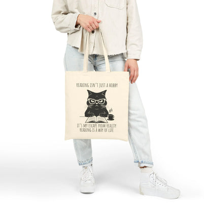 Reading Way of Life Tote Bag featuring a cute cat design; perfect as a funny book tote bag for book lovers.