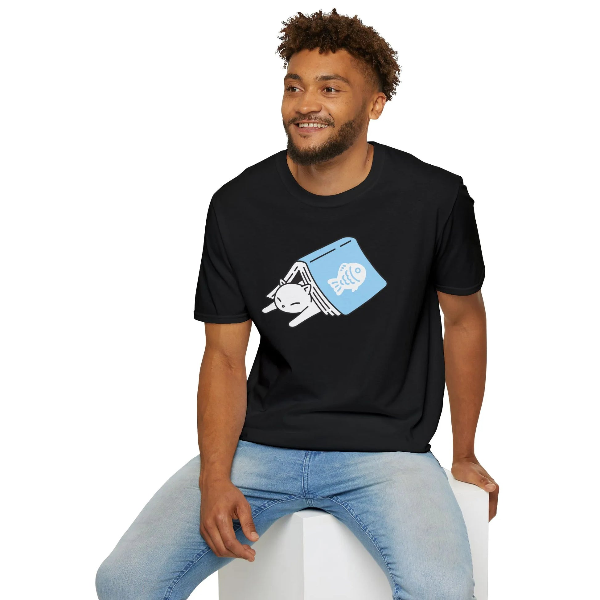 Cat Bookmark T-Shirt on a relaxed fit unisex model, perfect for book lovers and introverts. Ideal cozy reading outfit! 📖