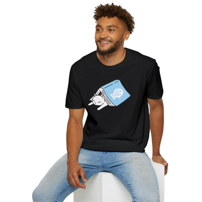 Cat Bookmark T-Shirt on a relaxed fit unisex model, perfect for book lovers and introverts. Ideal cozy reading outfit! 📖