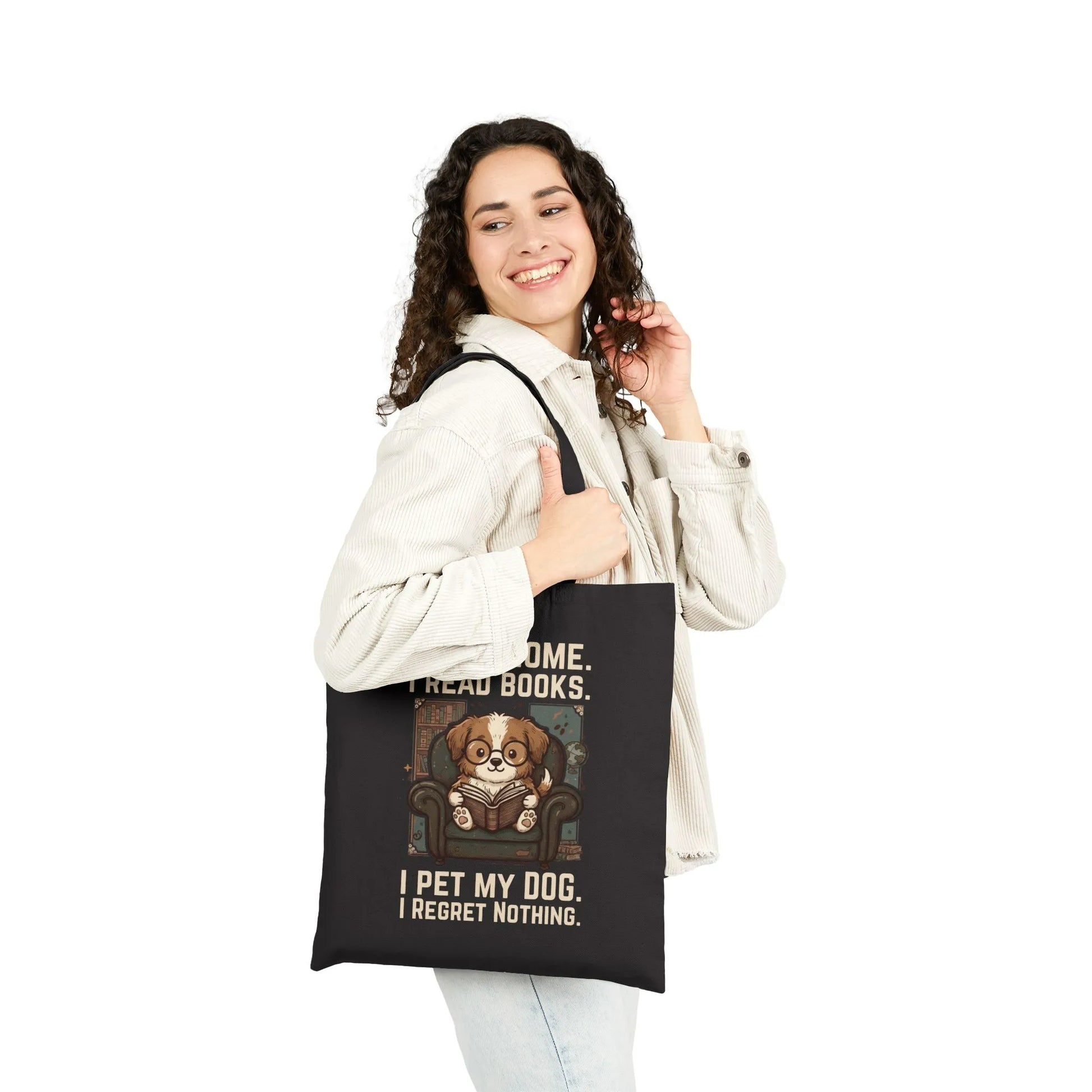 Woman carrying a Library Dog Reader Tote Bag with a dog reading a book design, perfect for cozy reading and dog lovers.