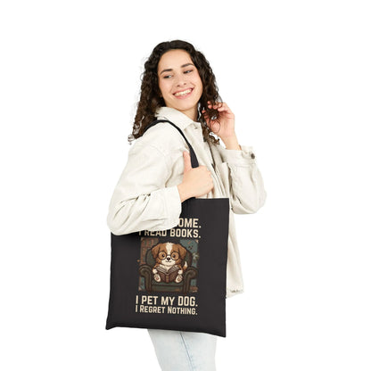 Woman carrying a Library Dog Reader Tote Bag with a dog reading a book design, perfect for cozy reading and dog lovers.