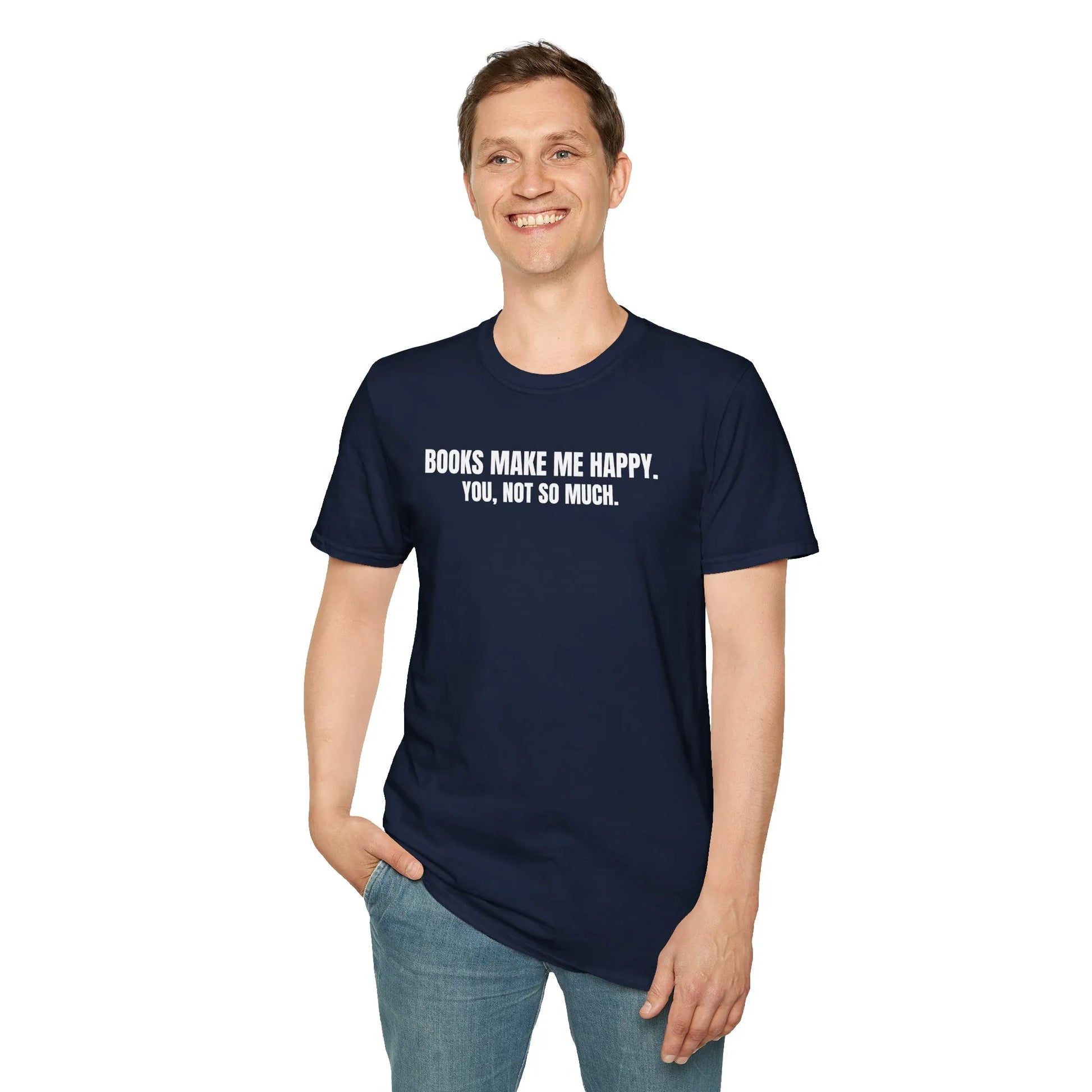 Books Over People T-Shirt in navy, relaxed unisex fit, perfect for book lovers & introverts. Ideal gift for readers! 📖