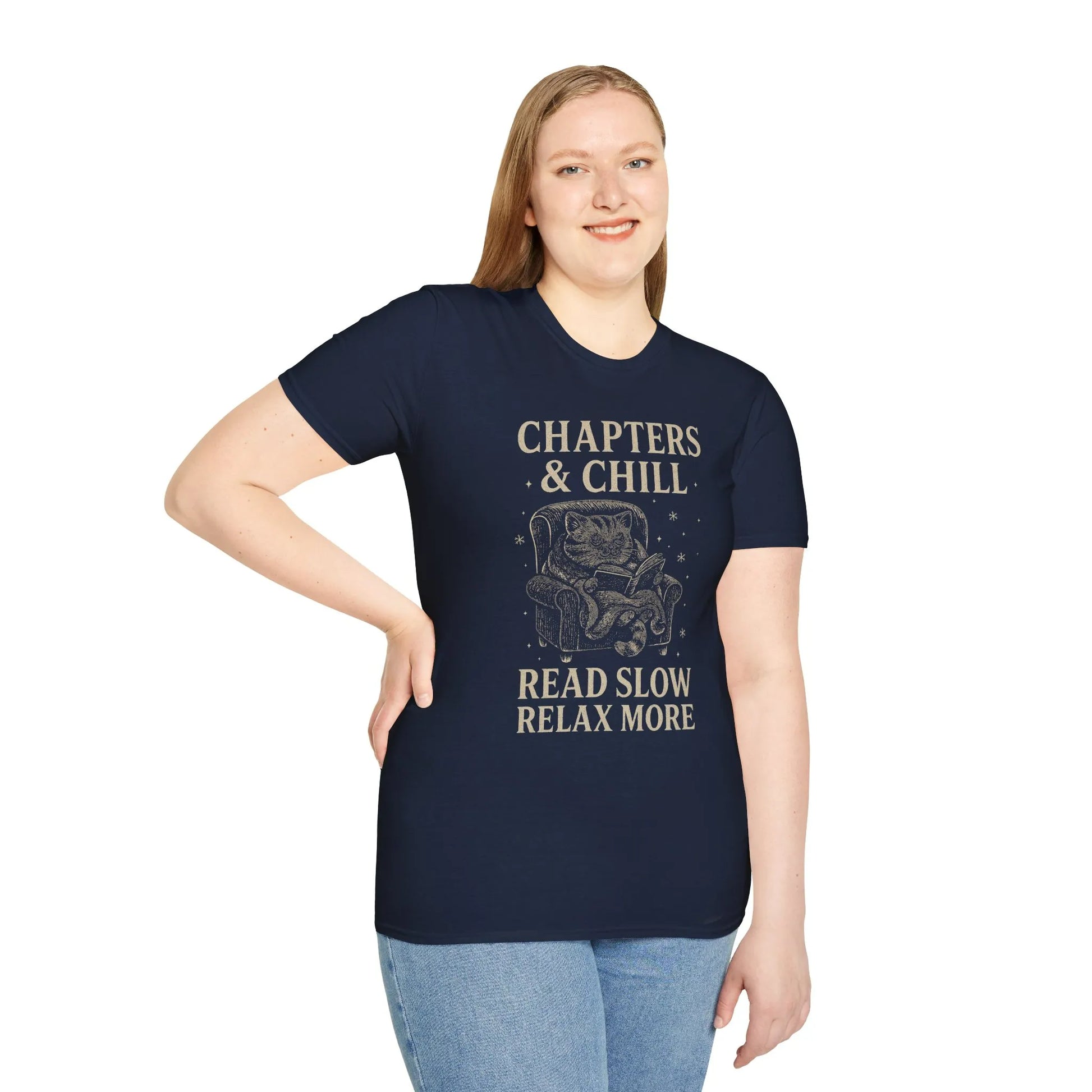 Cozy Chapters & Chill T-Shirt featuring a cat reading a book, perfect for book lovers and funny book shirts!