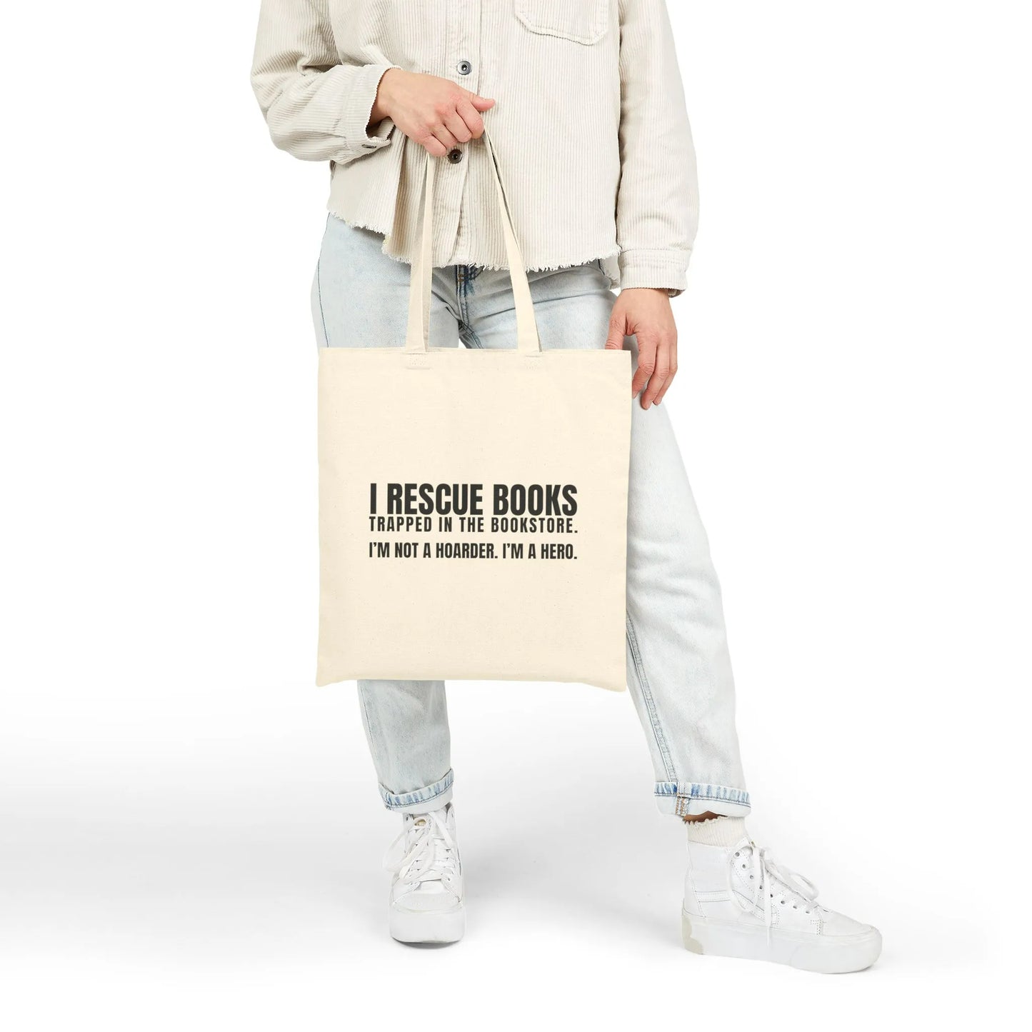 Stylish I Rescue Books Tote Bag with witty text for book lovers, perfect for carrying books, coffee, or tea.