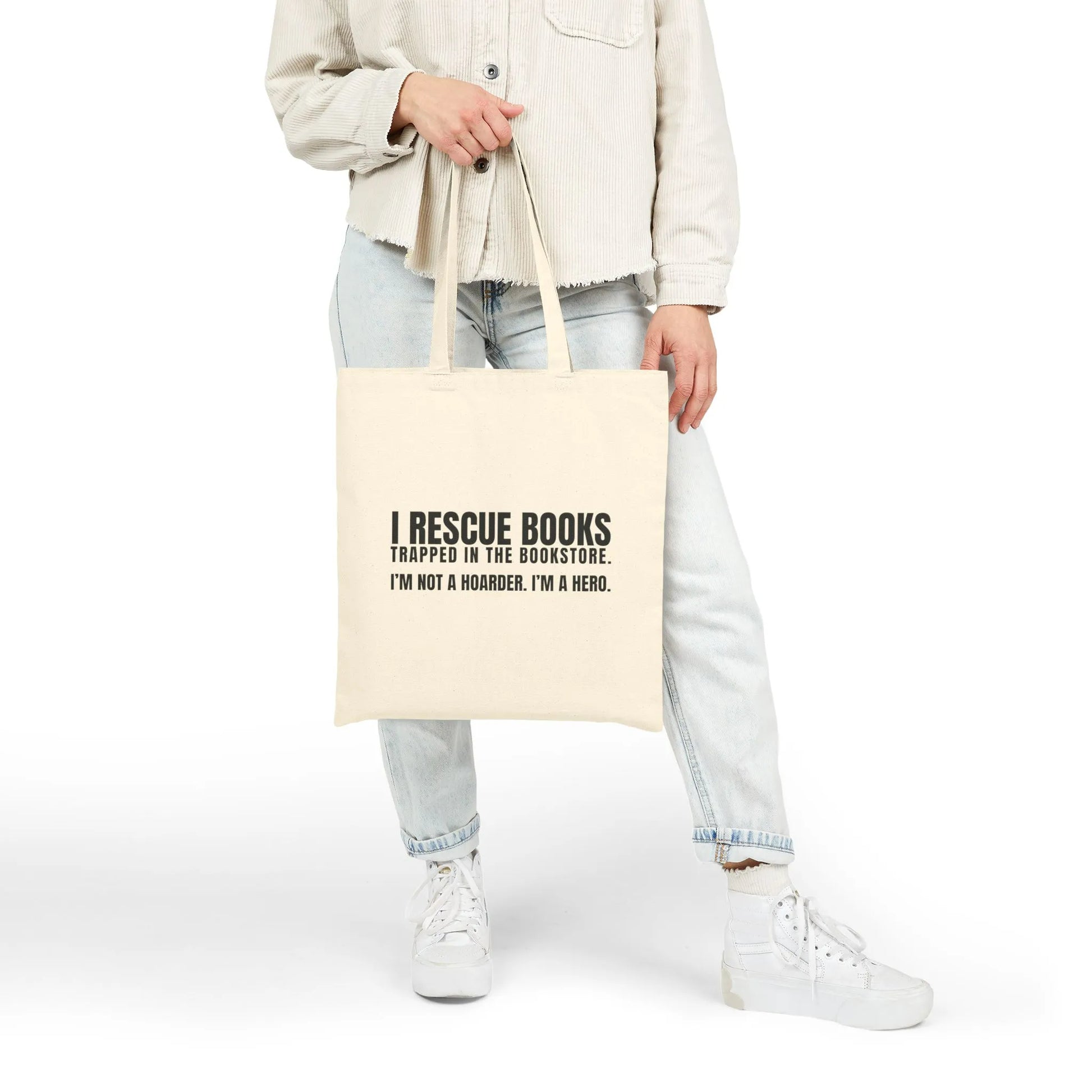 Stylish I Rescue Books Tote Bag with witty text for book lovers, perfect for carrying books, coffee, or tea.