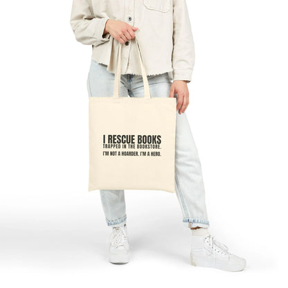 Stylish I Rescue Books Tote Bag with witty text for book lovers, perfect for carrying books, coffee, or tea.