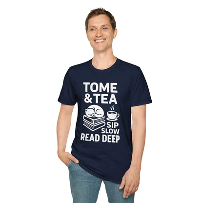Men's navy Tome & Tea t-shirt with a cat napping on books and cups, perfect gift for book lovers and tea sippers.