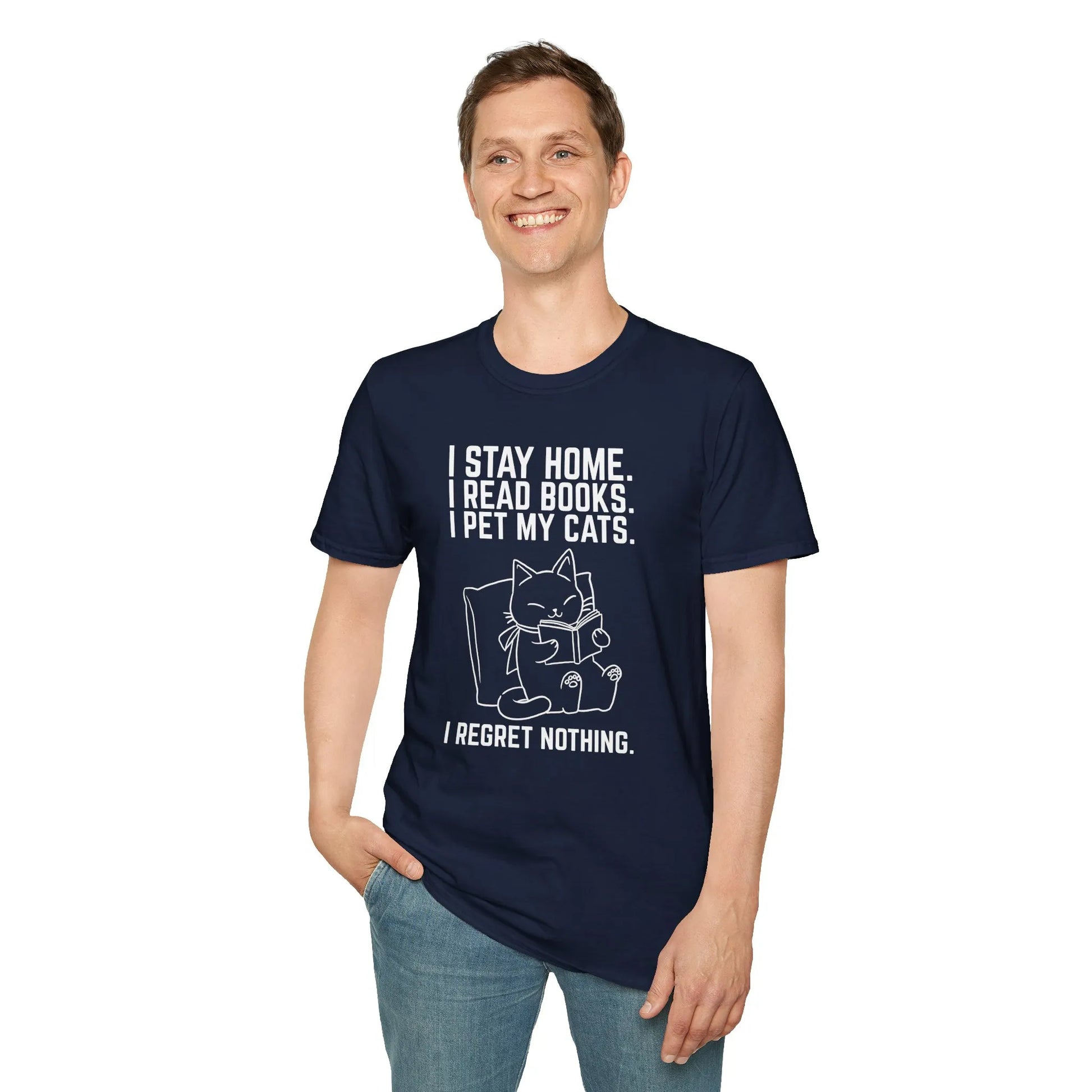 Funny reading tee with cat illustration and text: "I stay home. I read books. I pet my cats. I regret nothing.", perfect gift for cat-loving bookworms.