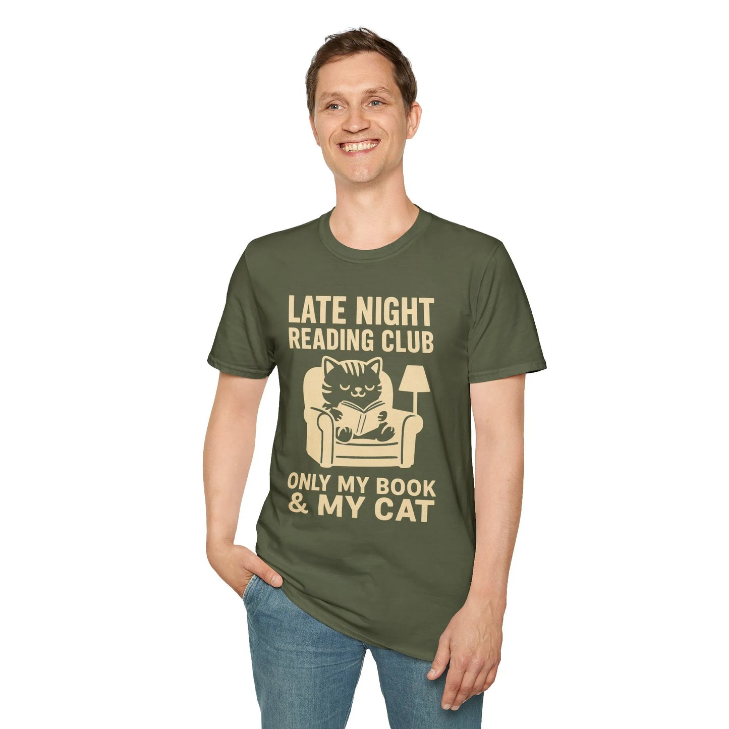 A cozy olive green t-shirt featuring a cat in an armchair and the text: 'Late Night Reading Club - Only My Book & My Cat.' Perfect for book lovers!