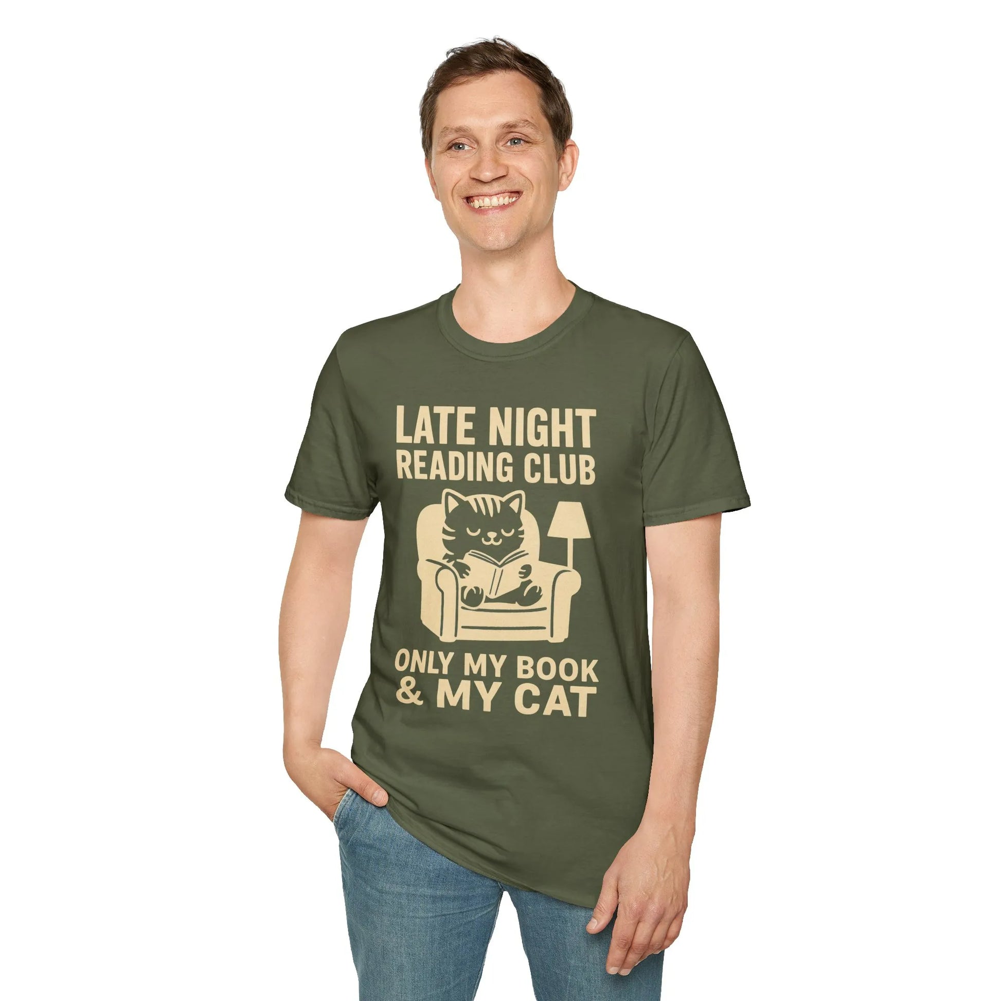 A cozy olive green t-shirt featuring a cat in an armchair and the text: 'Late Night Reading Club - Only My Book & My Cat.' Perfect for book lovers!