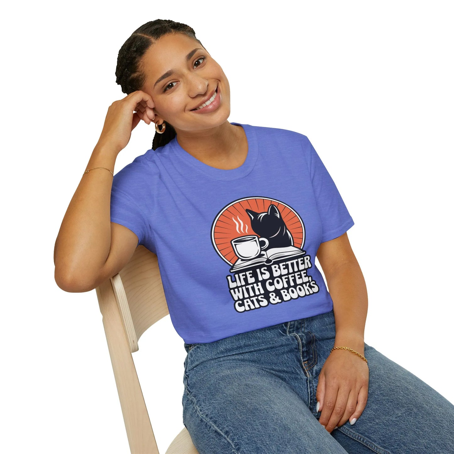 Coffee, Cats & Chapters T-Shirt in relaxed fit unisex style, perfect cozy reading outfit for book lovers ☕️📖.