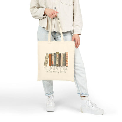 Too Many Books Tote Bag featuring colorful book designs on durable cotton canvas, perfect for book lovers.