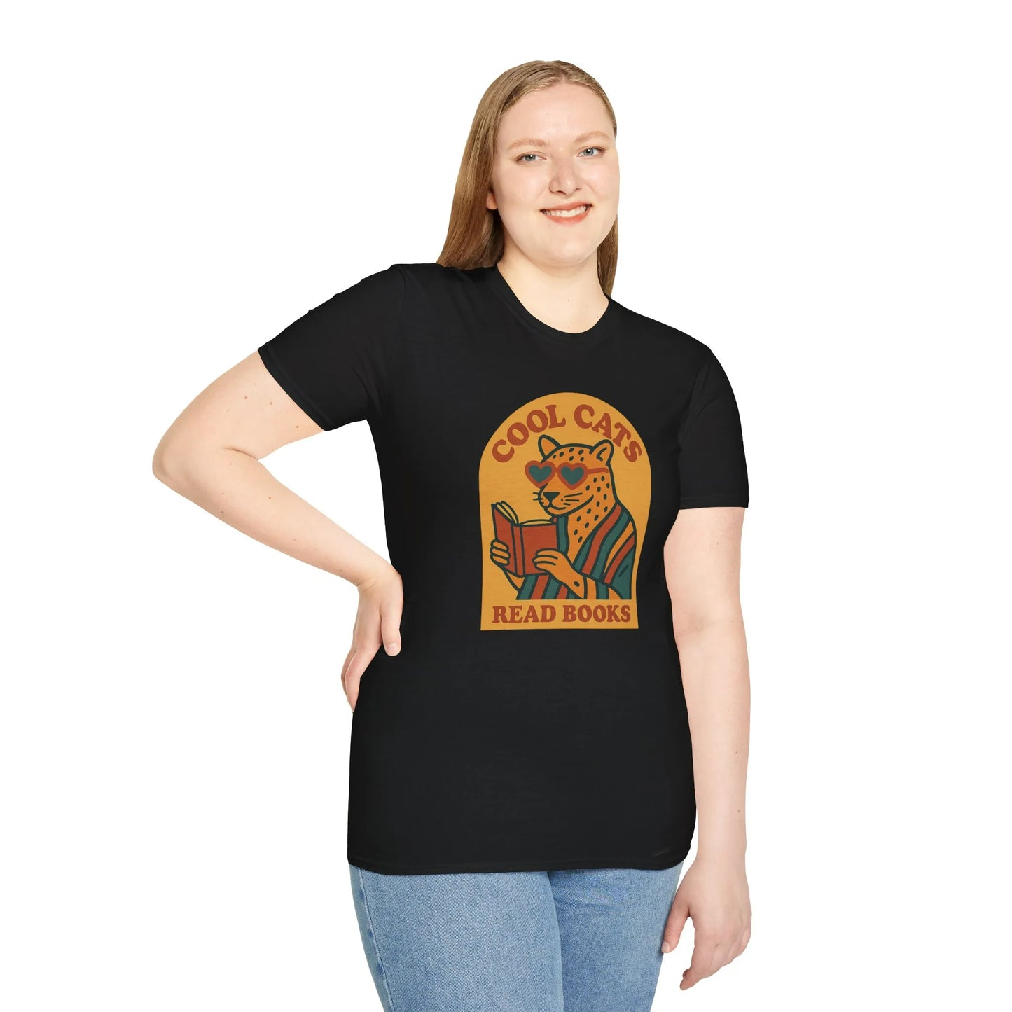 Cool Cats Read T-Shirt showcasing a cat in shades holding a book, perfect for book lovers who enjoy cozy reads and a dash of humor.