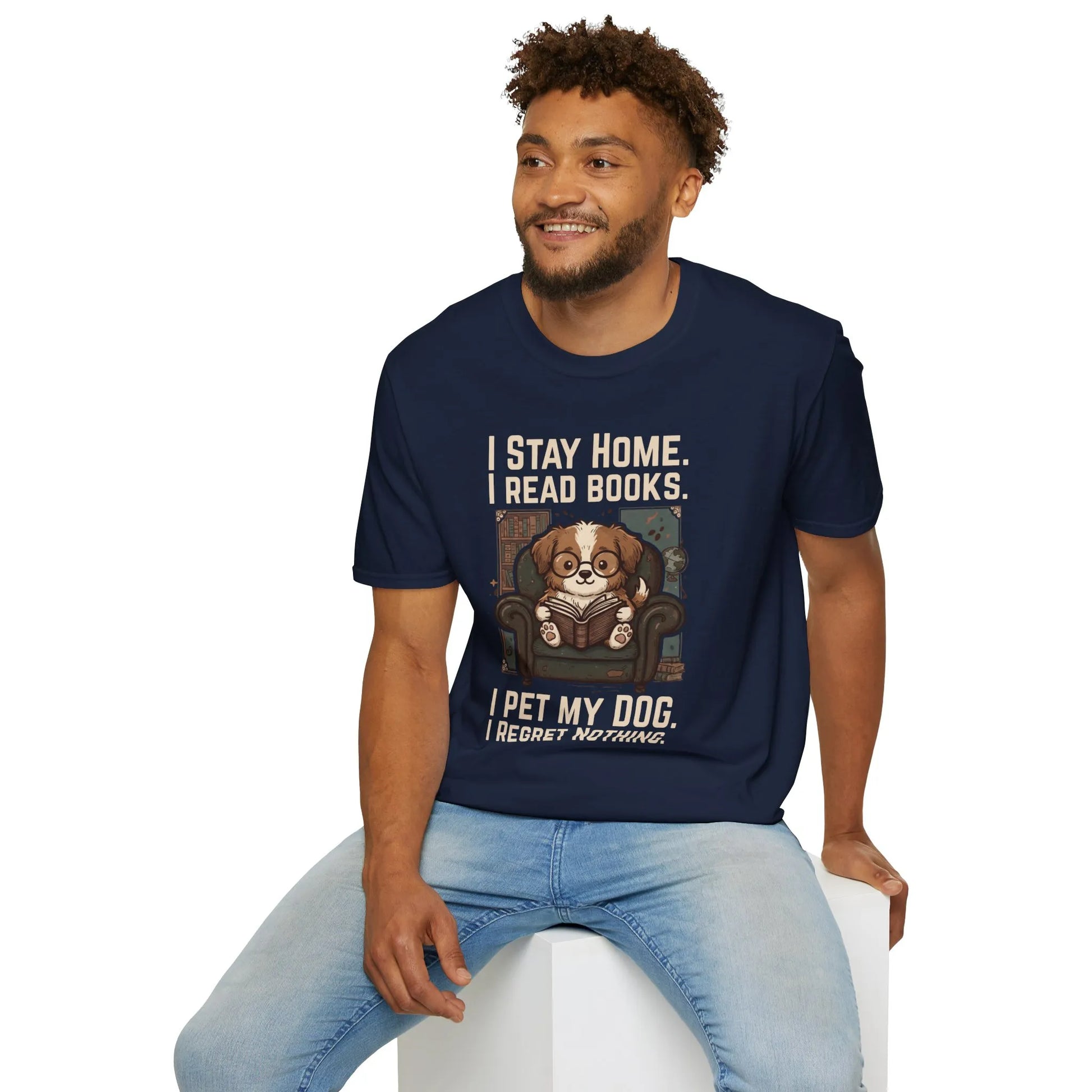 Library Dog Reader T-Shirt featuring a dog reading on a couch, perfect for book lovers and cozy reading enthusiasts.