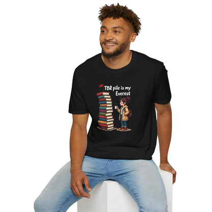 Bookish Everest T-Shirt featuring cozy reader illustration. Relaxed fit unisex shirt, perfect gift for bibliophiles 📖.