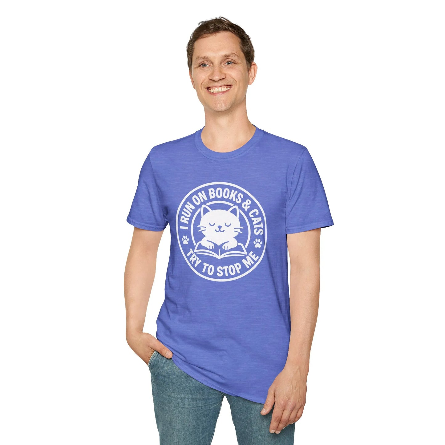Cozy cat reading shirt featuring a playful design with a cat and text: "I Run on Books & Cats. Try to Stop Me!" Perfect for book lovers.