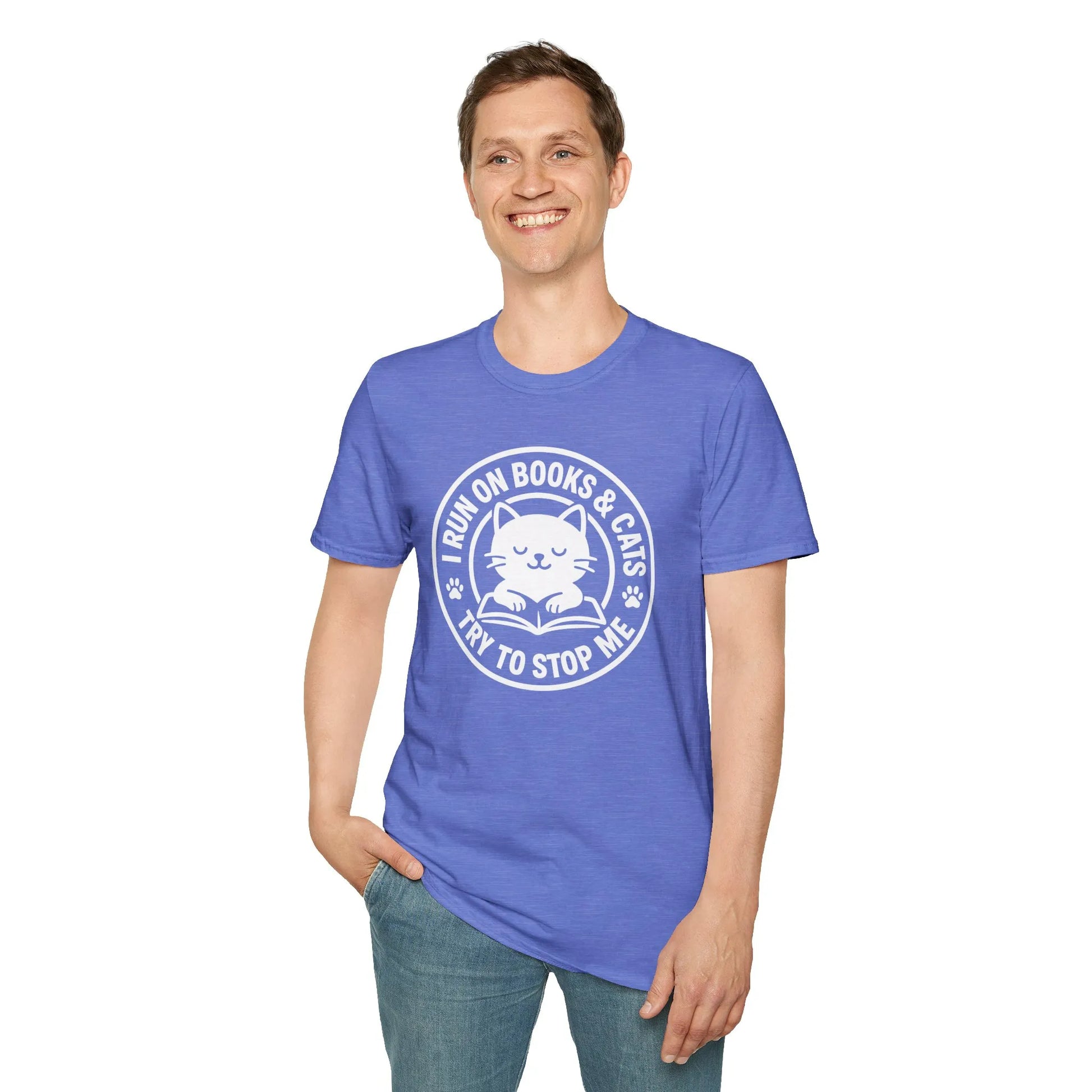 Cozy cat reading shirt featuring a playful design with a cat and text: "I Run on Books & Cats. Try to Stop Me!" Perfect for book lovers.
