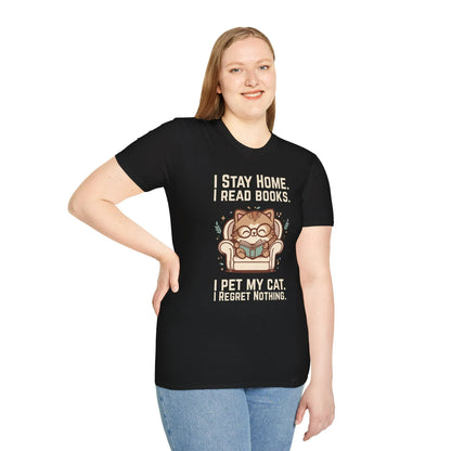 Homebody Cat Reader T-Shirt featuring a cat in glasses, text 'I Stay Home. I Read Books. I Pet My Cat. I Regret Nothing.' Perfect for book lovers.