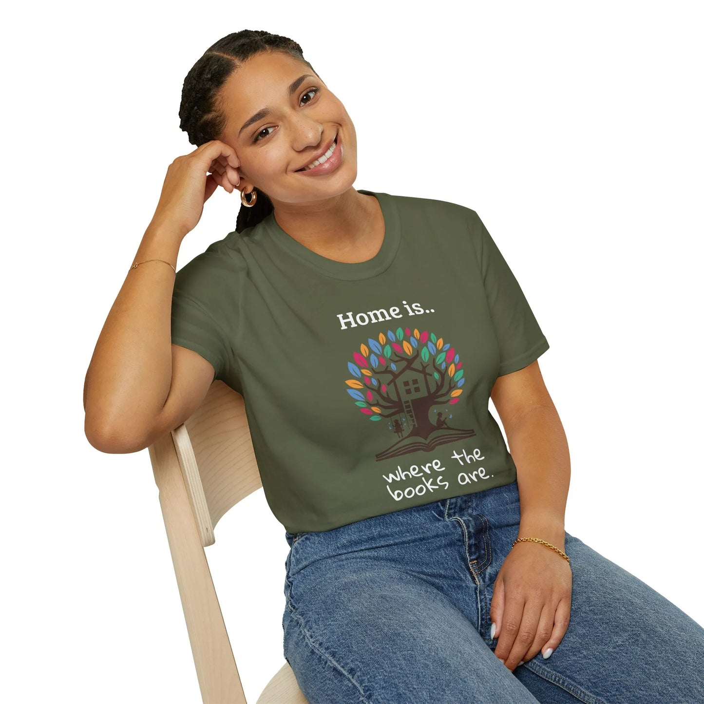 Home of Books T-Shirt featuring treehouse design, relaxed fit unisex shirt, perfect gift for readers 📖 and cozy reading vibes.