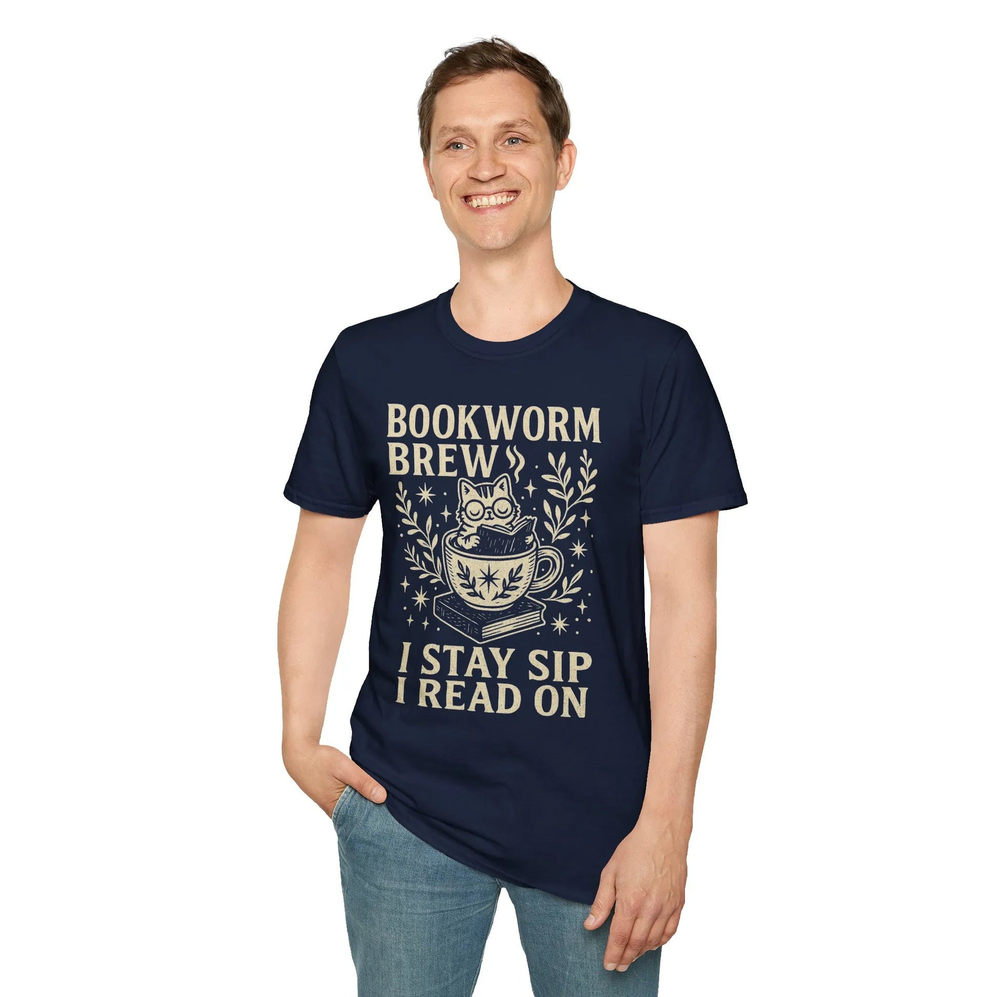 Bookworm Brew T-shirt featuring a cute cat in a teacup, perfect for readers who love cats and cozy moments.