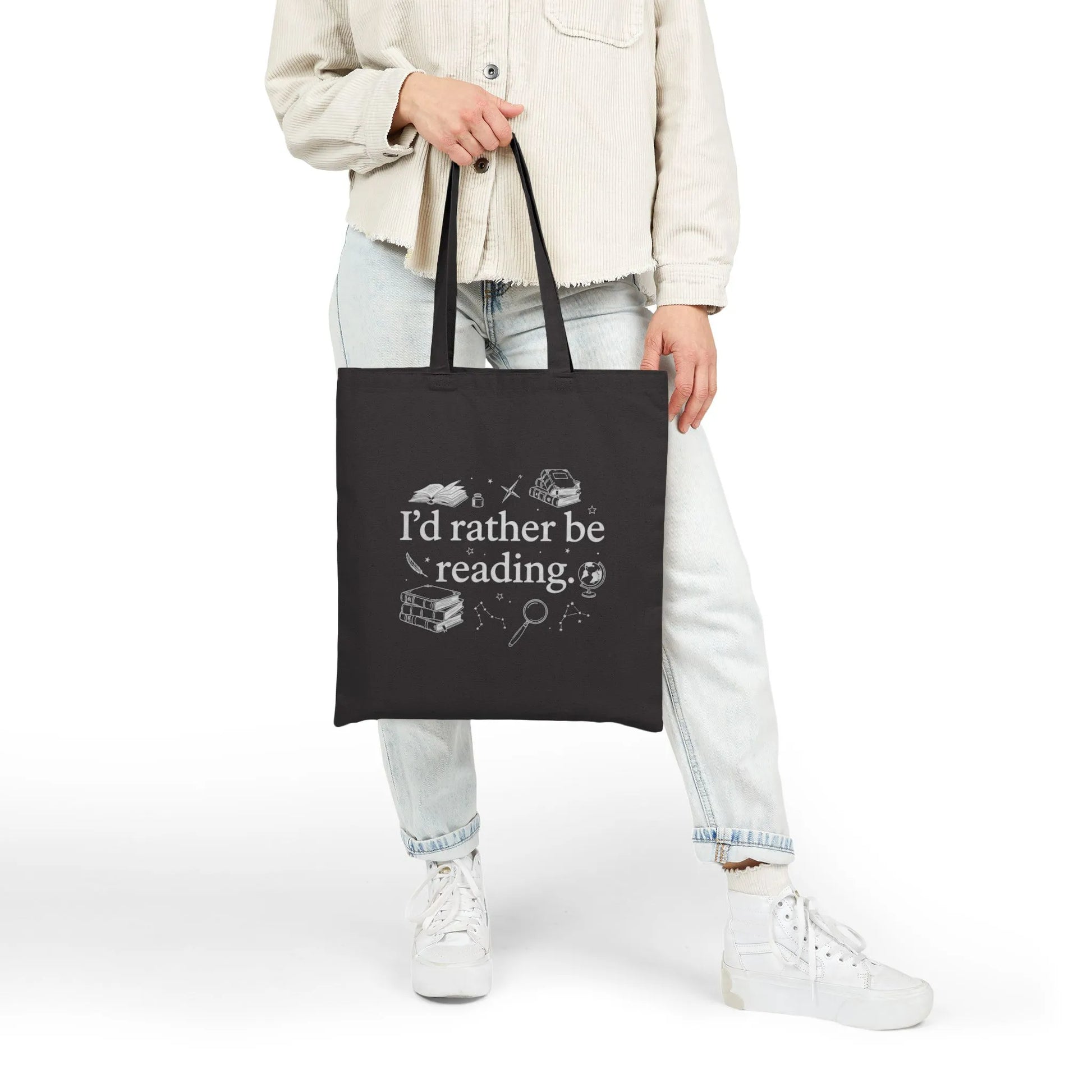 Rather Be Reading 2 Tote Bag featuring the phrase "I’d rather be reading" with whimsical book illustrations, perfect for book lovers.