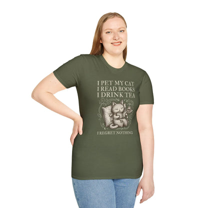 Tea, Cats & Books T-Shirt featuring a cat with a book and tea, playful text for cozy book lovers.