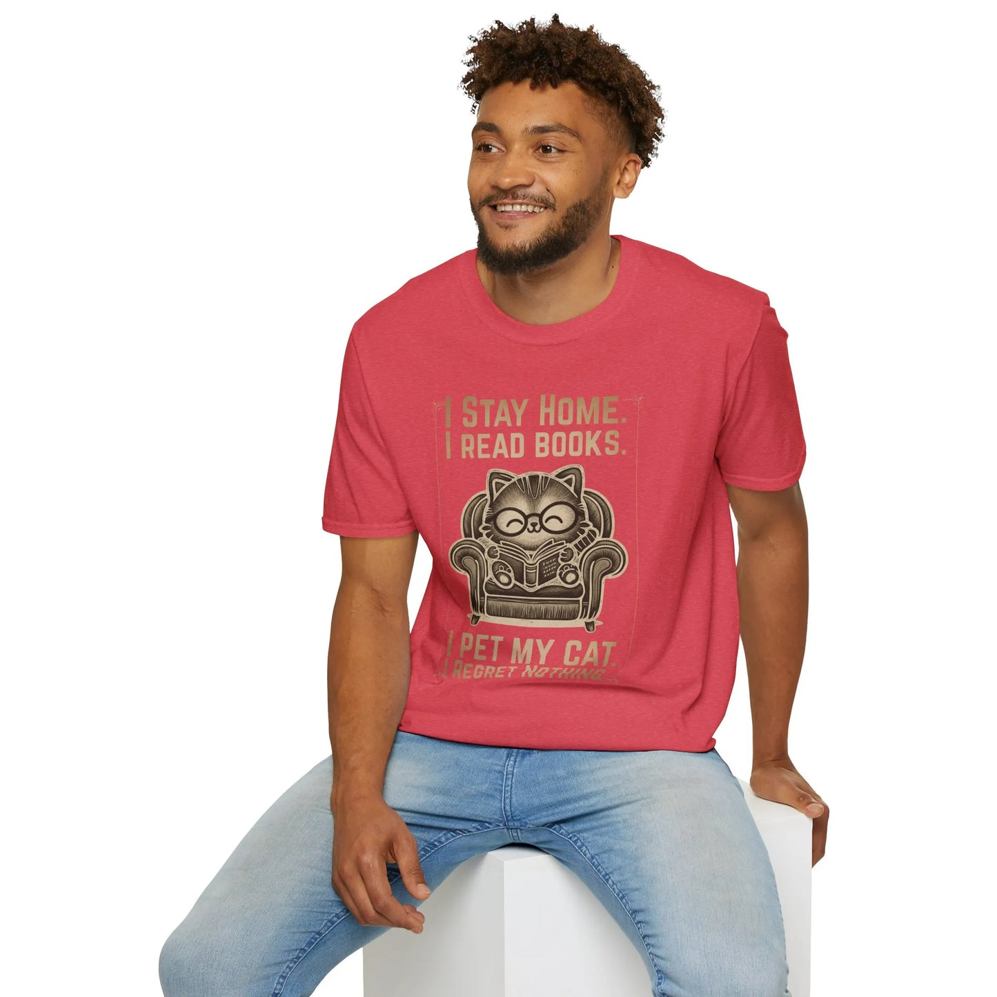 Vintage Cat Reader T-Shirt featuring a cat in a chair with the text 'I Stay Home, I Read Books, I Pet My Cat'—perfect gift for book lovers.